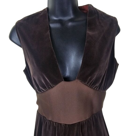 Vintage Brown Velvet Babydoll Maxi Dress 8 Plunge Neckline Sash Tie Hand Sewn - Picture 3 of 9